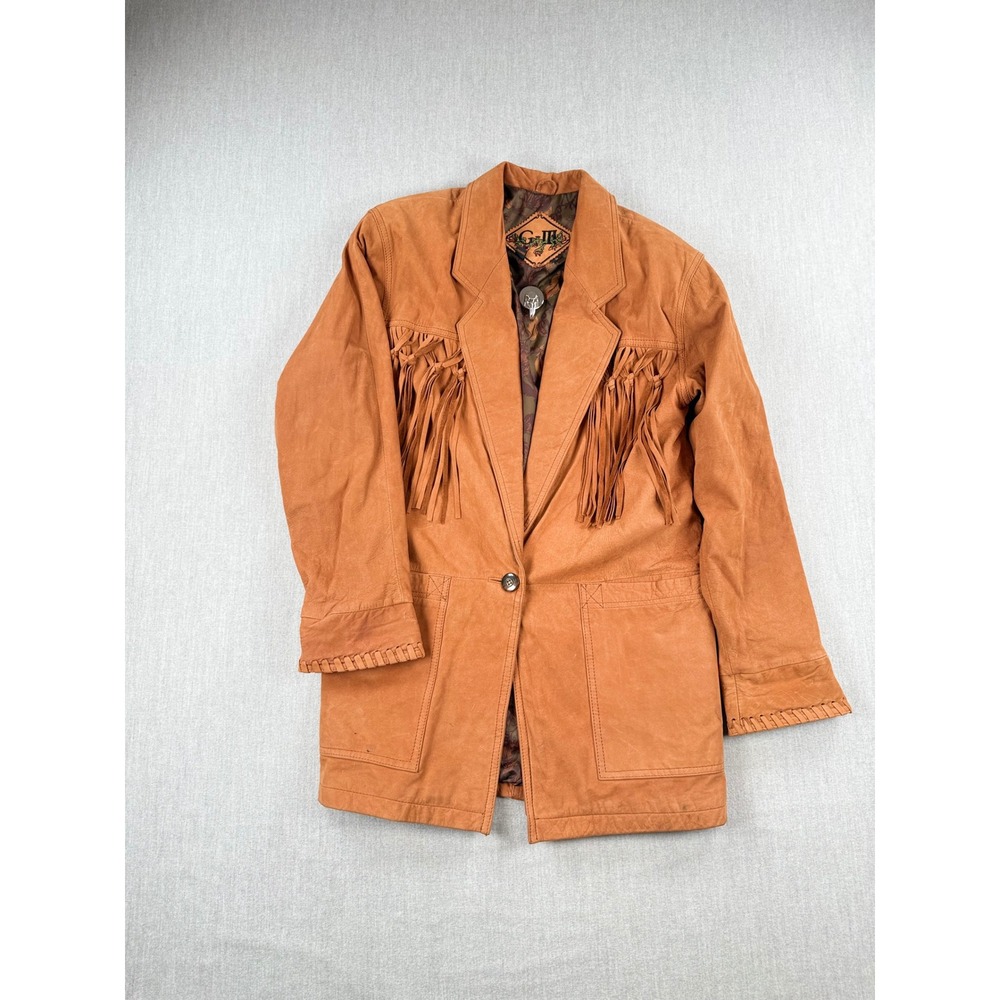 G-III Vintage Leather Fringe Jacket Tan Brown Western Boho Women Small RN54163